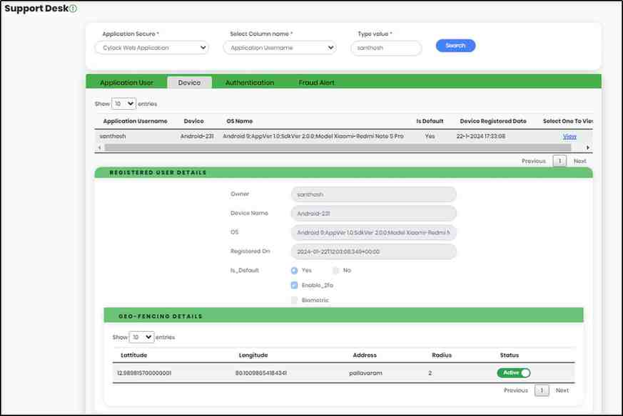 Support Desk screen Displaying Device Tab 2 - CyLock